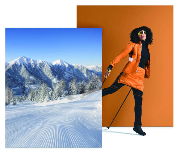 Frau mit Langlauf-Outfit und Winterlandschaft