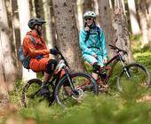 Mann und Frau auf Fahrrädern im Wald