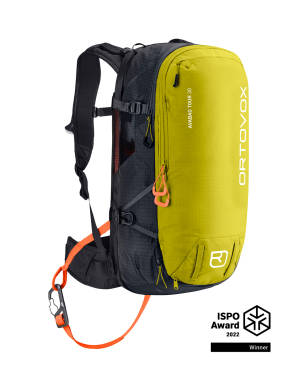 grüner Lawinenrucksack  und ISPO Award Logo