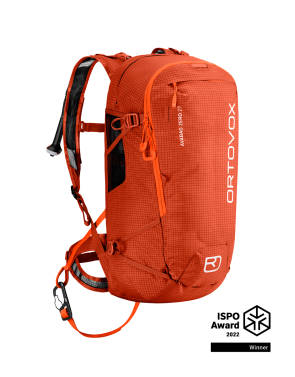 Roter Lawinenrucksack mit ISPO Award Logo