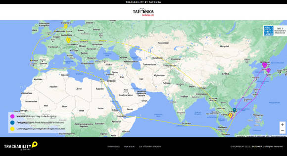 Weltkarte mit eingezeichneten Tatonka-Lieferketten