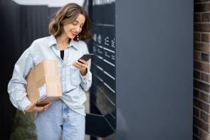 Frau holt Paket ab an Abholstation 