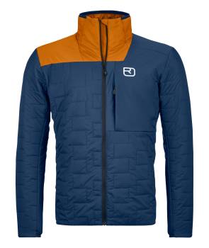 Dunkelblaue Winterjacke mit orangener Kragen