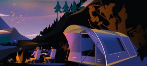 gemaltes Bild von Zelt und Campern am Feuer 