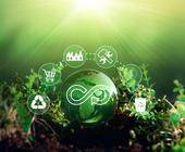 Symbole der Kreislaufwirtschaft vor grünem Hintergrund