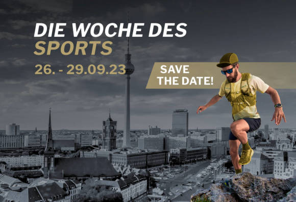 Collage, Sportler läuft über Berlin, Schriftzug die Woche des Sports