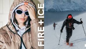 Frau und Mann mit Skibekleidung, Schriftzug Fire+Ice 