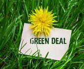 grünes Gras mit Butterblume und Schriftzug Green Deal