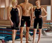 Die deutschen Top-Schwimmer (v.l.) Angelina Ko&#x308;hler, Lucas Matzerath und Isabel Gose werden von Speedo ausgestattet.